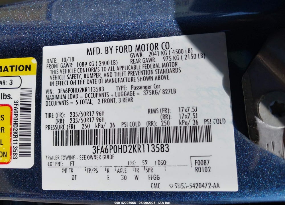 2019 FORD FUSION VIN: 3FA6P0HD2KR113583