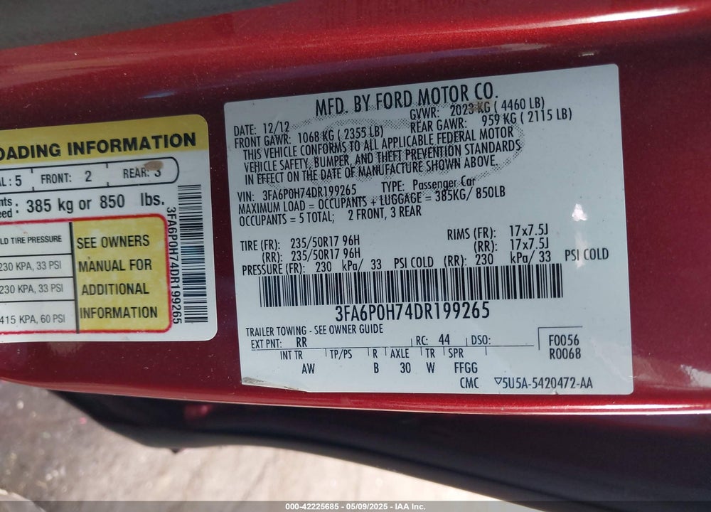 2013 FORD FUSION VIN: 3FA6P0H74DR199265