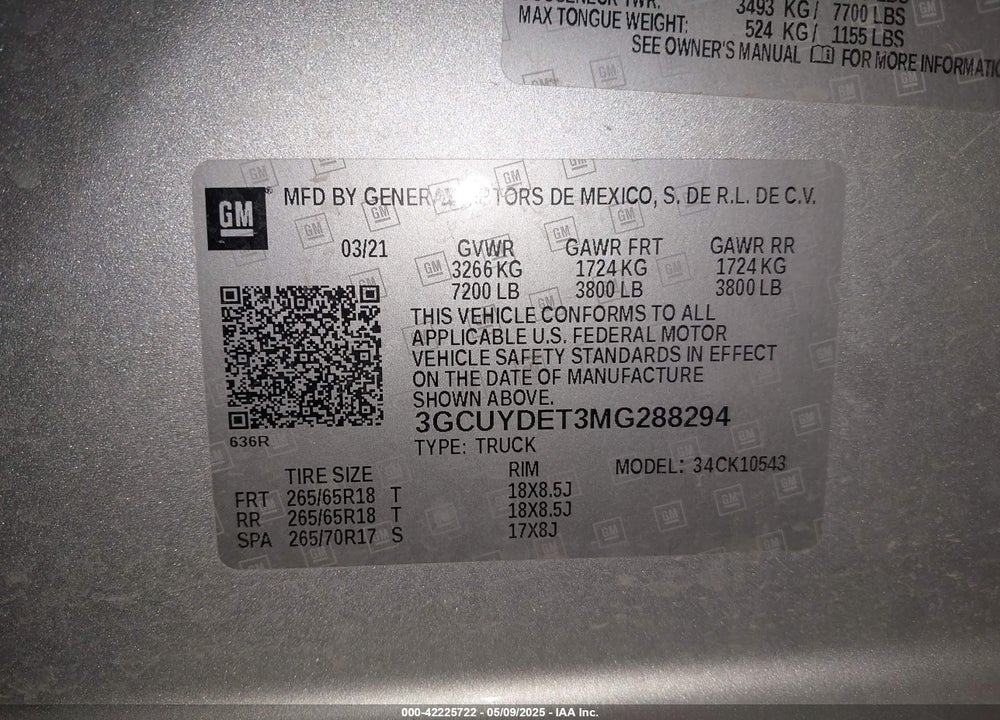 2021 CHEVROLET SILVERADO 1500 VIN: 3GCUYDET3MG288294