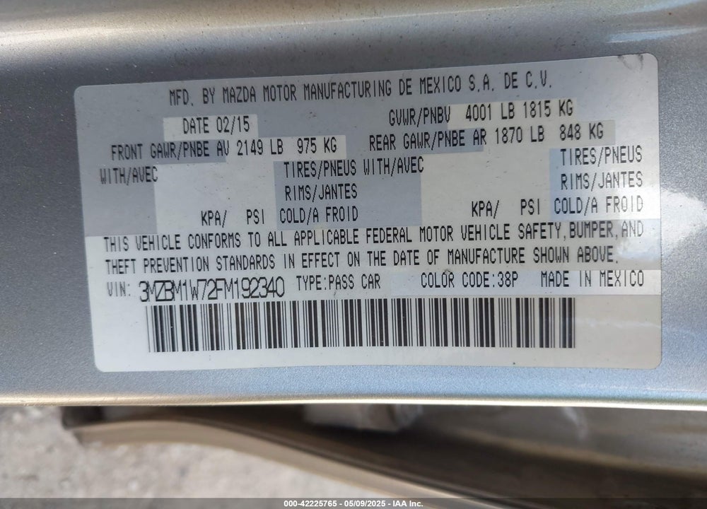 2015 MAZDA 3 VIN: 3MZBM1W72FM192340