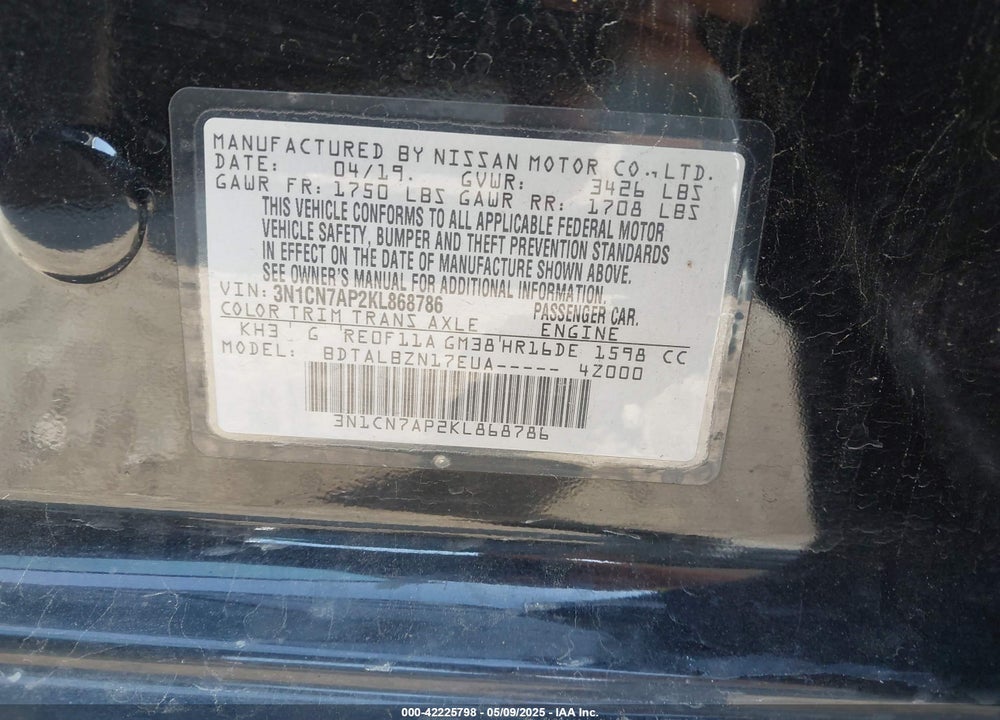 2019 NISSAN VERSA VIN: 3N1CN7AP2KL868786