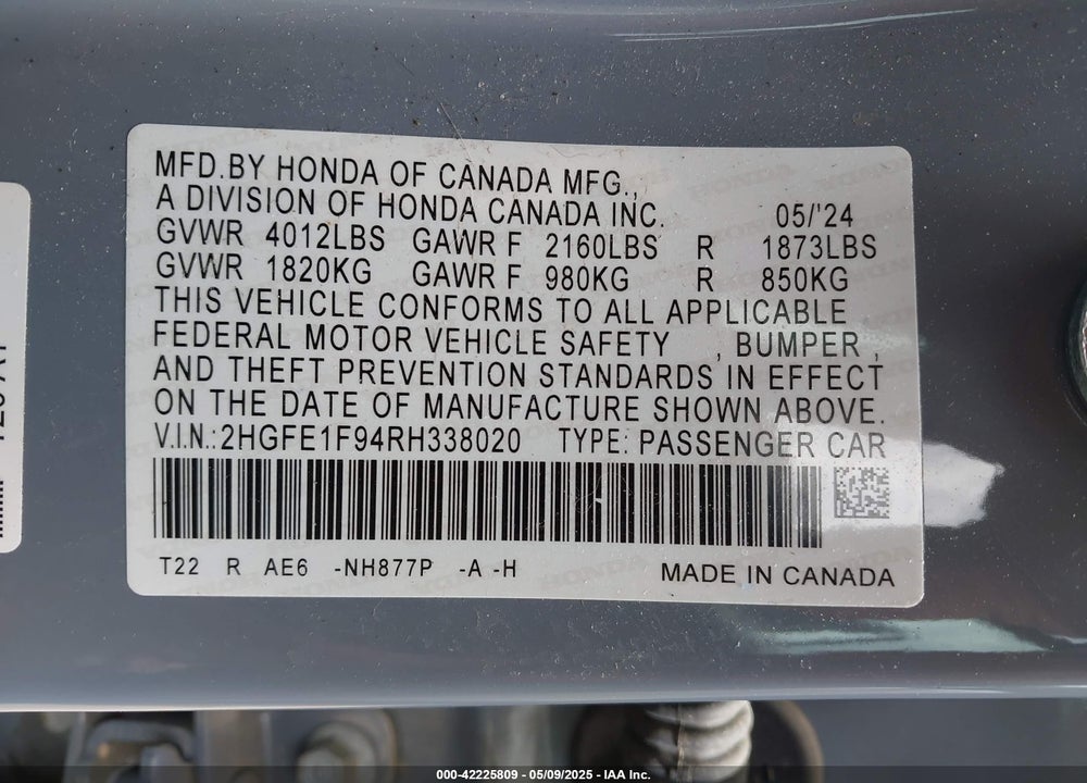 2024 HONDA CIVIC VIN: 2HGFE1F94RH338020