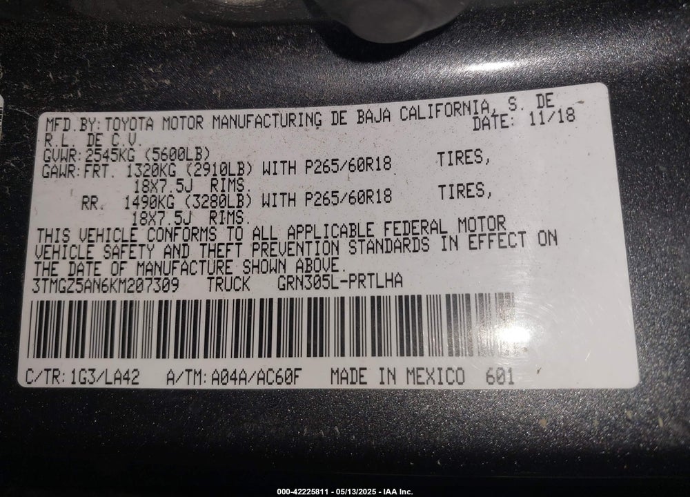 2019 TOYOTA TACOMA VIN: 3TMGZ5AN6KM207309