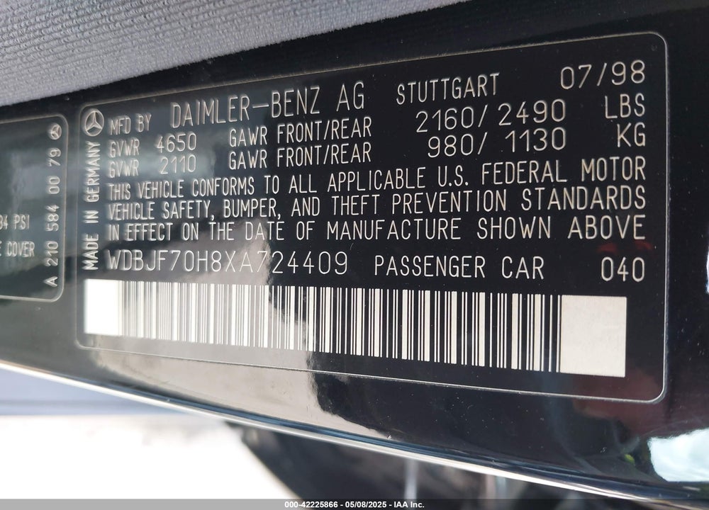 1999 MERCEDES-BENZ E 430 VIN: WDBJF70H8XA724409