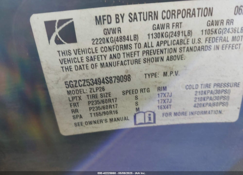 2004 SATURN VUE V6 VIN: 5GZCZ53494S879098