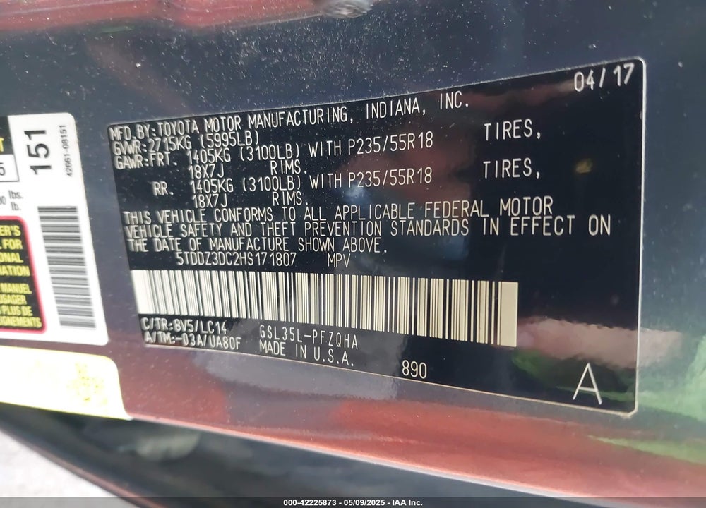 2017 TOYOTA SIENNA XLE 7 PASSENGER VIN: 5TDDZ3DC2HS171807