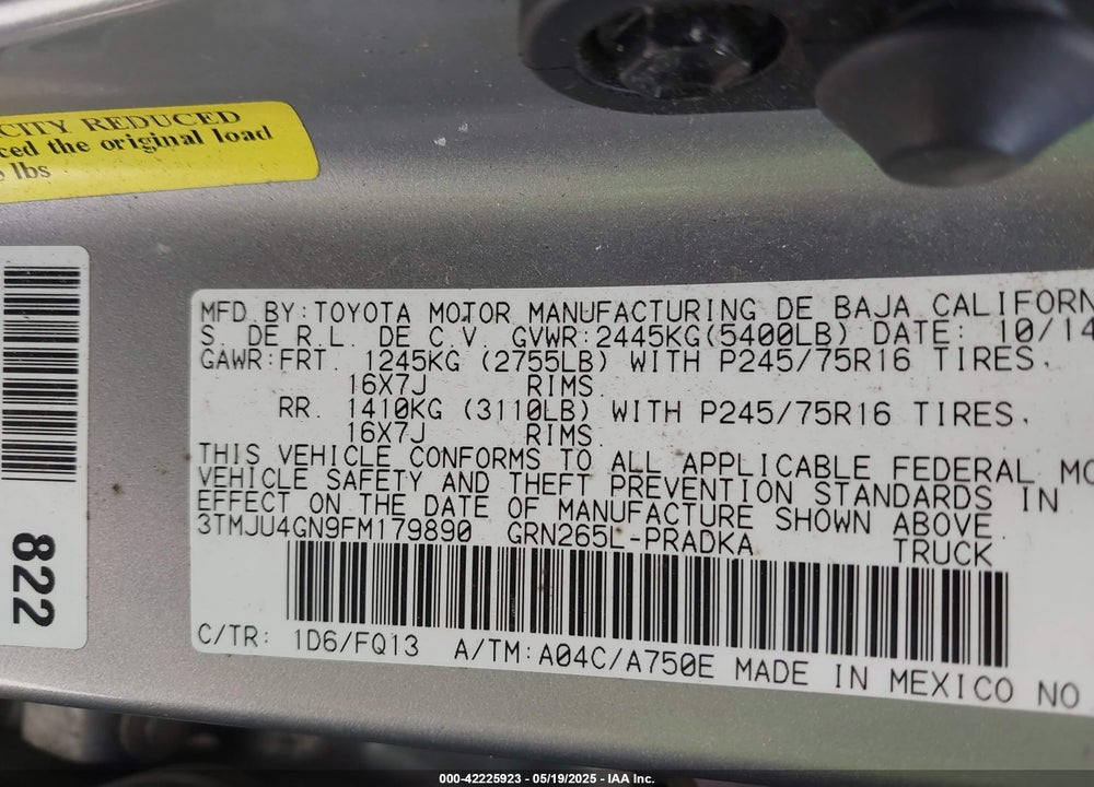 2015 TOYOTA TACOMA VIN: 3TMJU4GN9FM179890