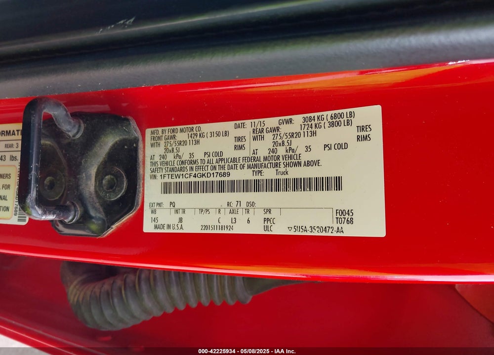 2016 FORD F-150 VIN: 1FTEW1CF4GKD17689