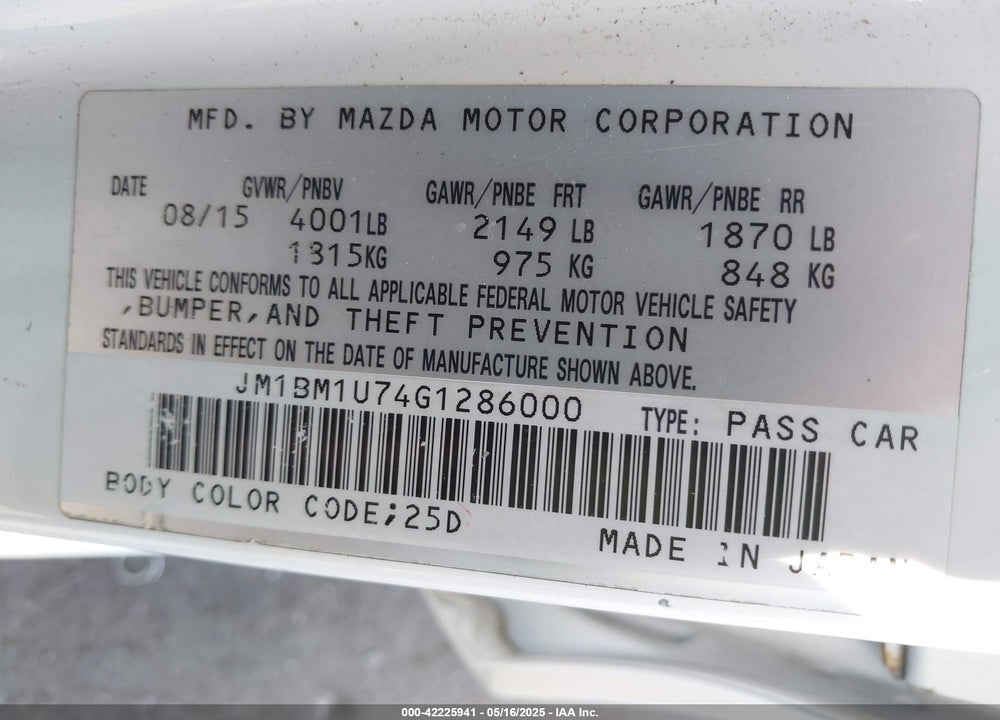 2016 MAZDA 3 VIN: JM1BM1U74G1286000