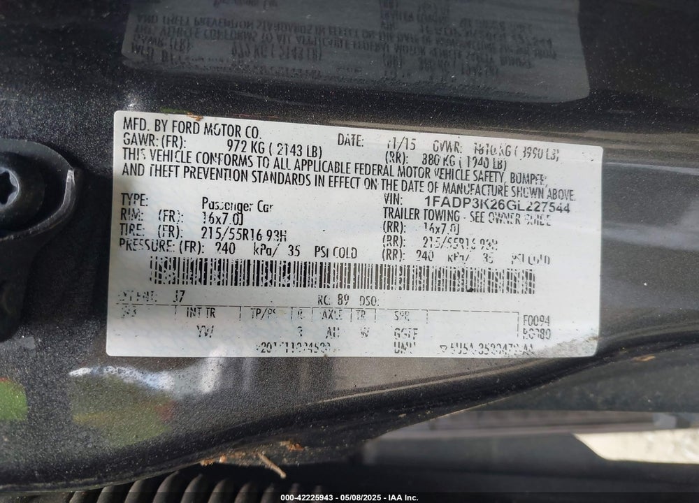 2016 FORD FOCUS VIN: 1FADP3K26GL227544