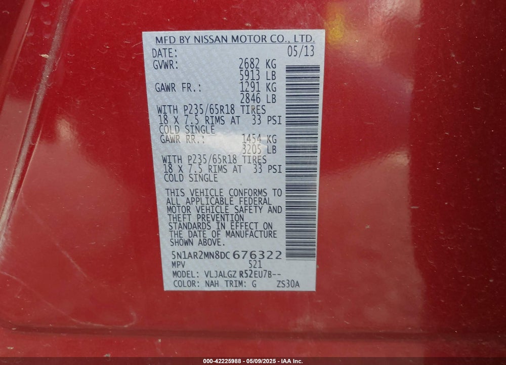 2013 NISSAN PATHFINDER VIN: 5N1AR2MN8DC676322
