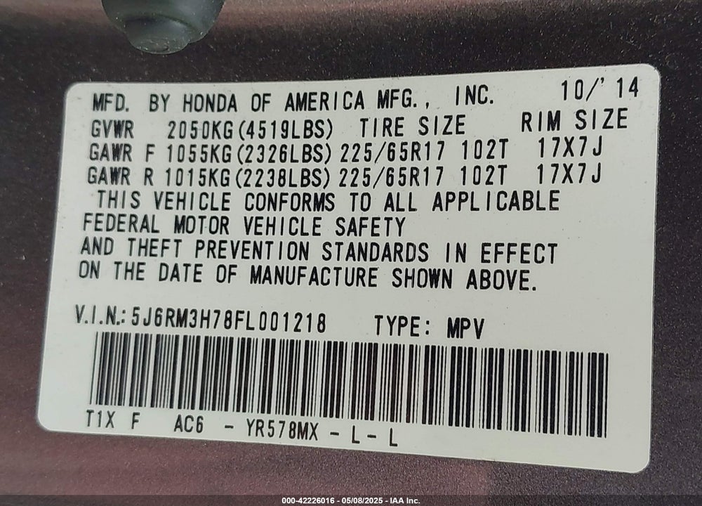 2015 HONDA CR-V VIN: 5J6RM3H78FL001218