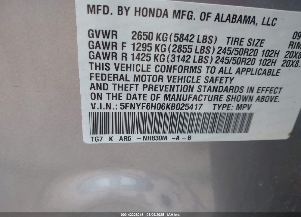 2019 HONDA PILOT VIN: 5FNYF6H06KB025417