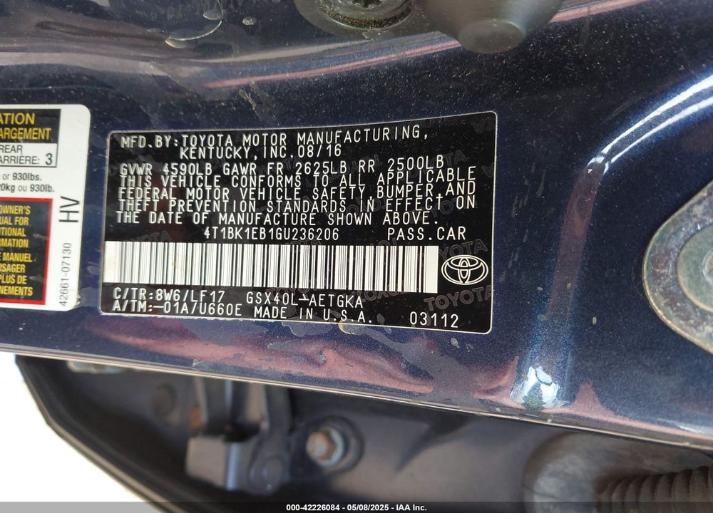 2016 TOYOTA AVALON XLE PLUS VIN: 4T1BK1EB1GU236206