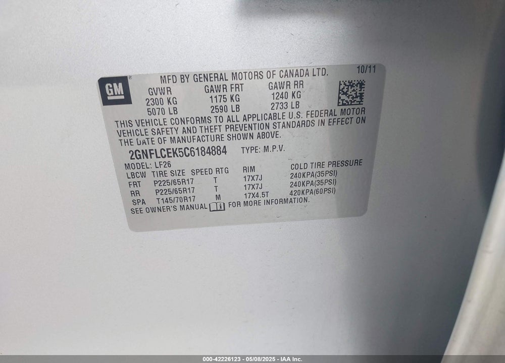 2012 CHEVROLET EQUINOX VIN: 2GNFLCEK5C6184884