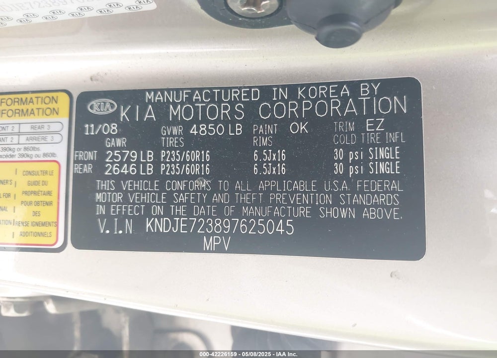 2009 KIA SPORTAGE VIN: KNDJE723897625045