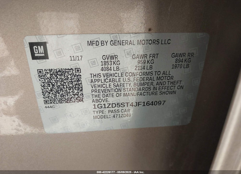 2018 CHEVROLET MALIBU LT VIN: 1G1ZD5ST4JF164097