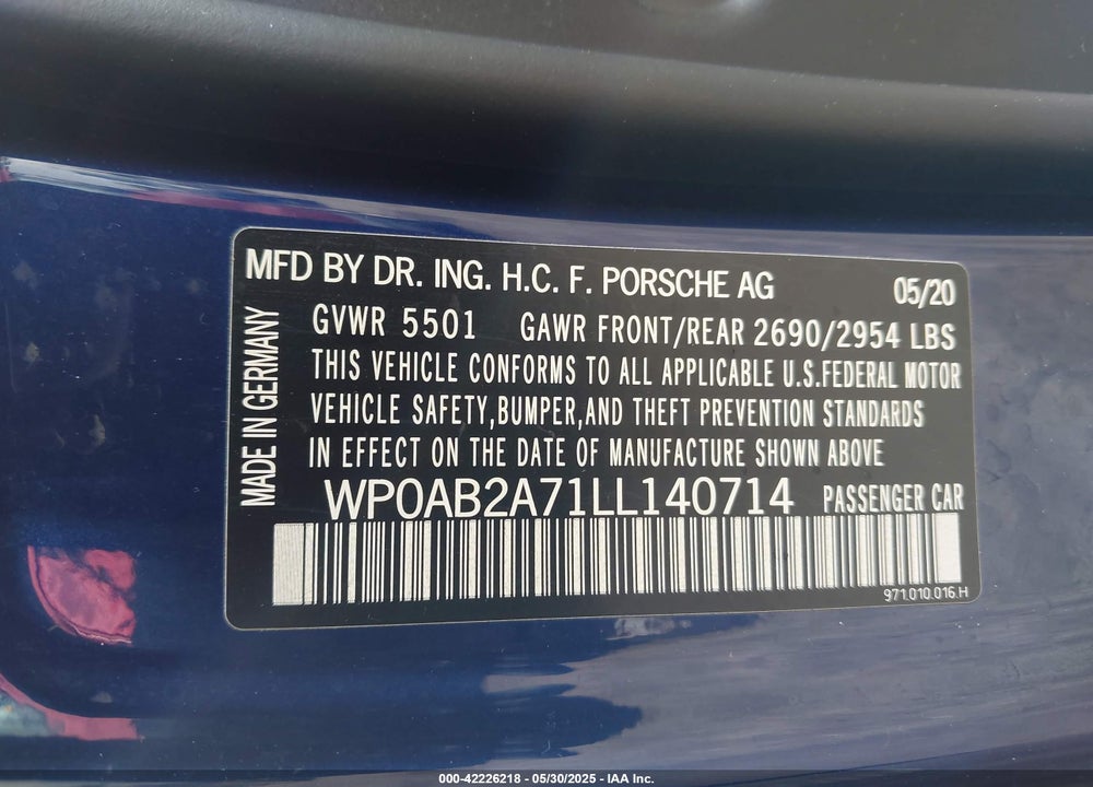 2020 PORSCHE PANAMERA 4S VIN: WP0AB2A71LL140714