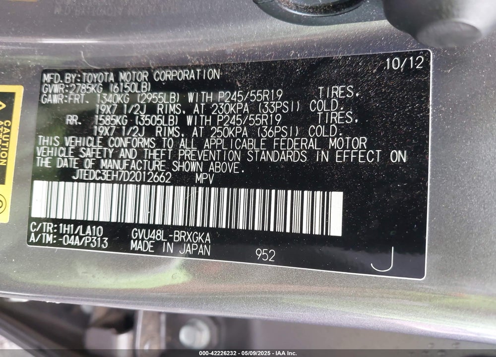 2013 TOYOTA HIGHLANDER HYBRID VIN: JTEDC3EH7D2012662