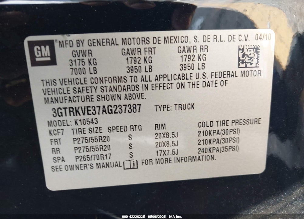 2010 GMC SIERRA 1500 VIN: 3GTRKVE37AG237387