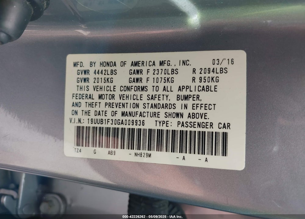 2016 ACURA TLX VIN: 19UUB1F30GA009936