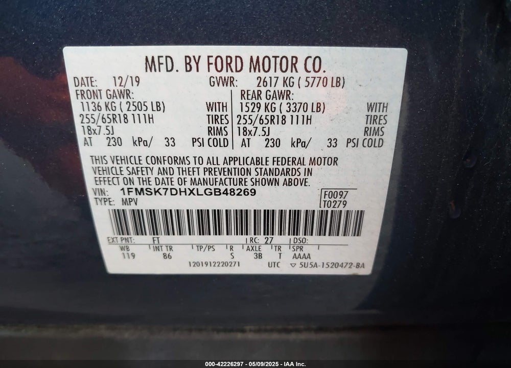 2020 FORD EXPLORER VIN: 1FMSK7DHXLGB48269