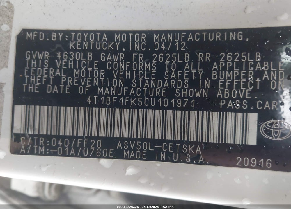 2012 TOYOTA CAMRY VIN: 4T1BF1FK5CU101971