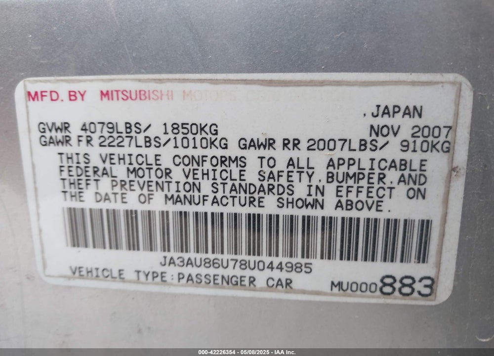 2008 MITSUBISHI LANCER VIN: JA3AU86U78U044985