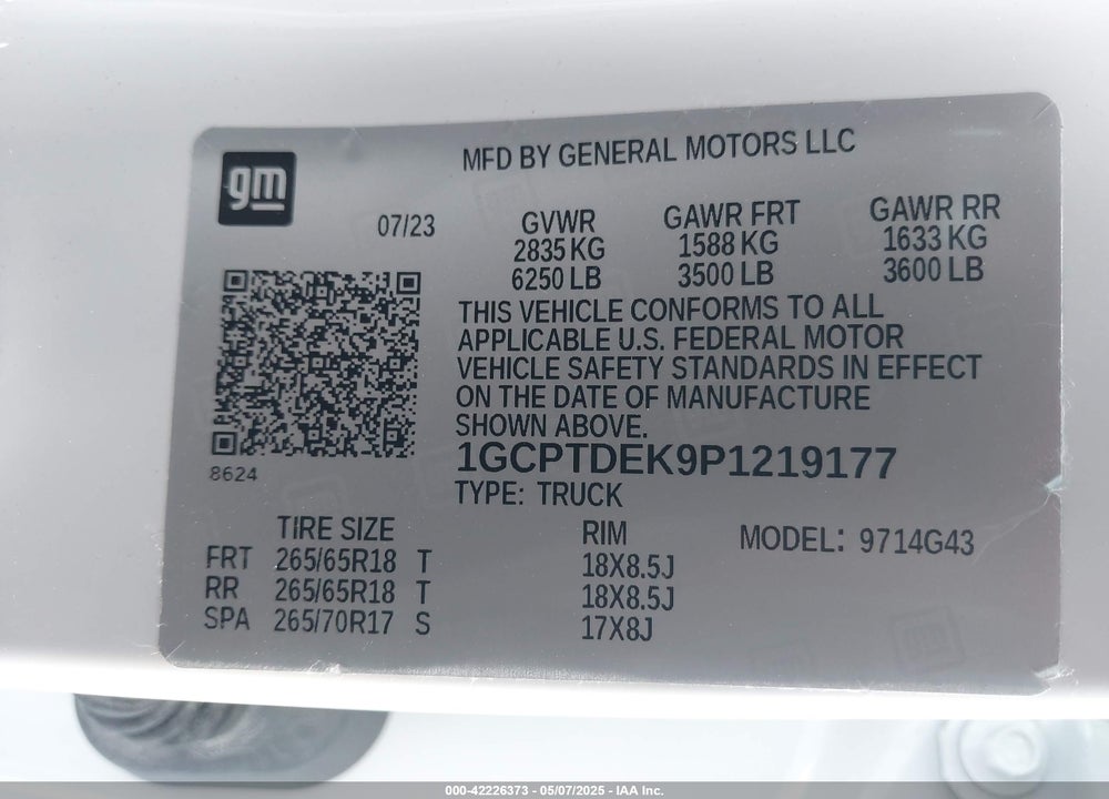 2023 CHEVROLET COLORADO VIN: 1GCPTDEK9P1219177