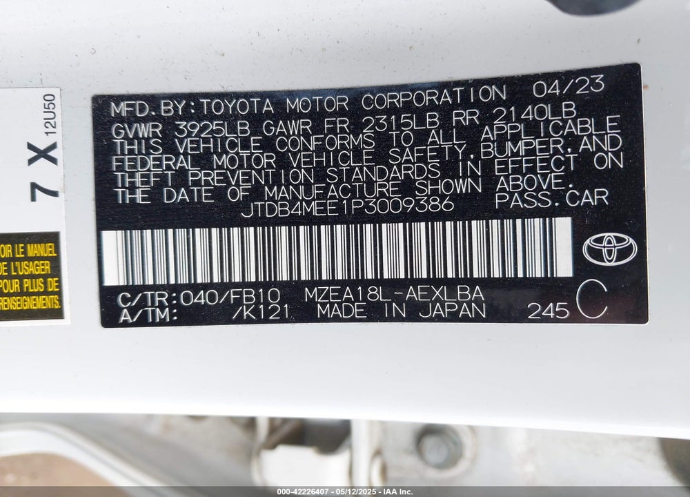 2023 TOYOTA COROLLA VIN: JTDB4MEE1P3009386
