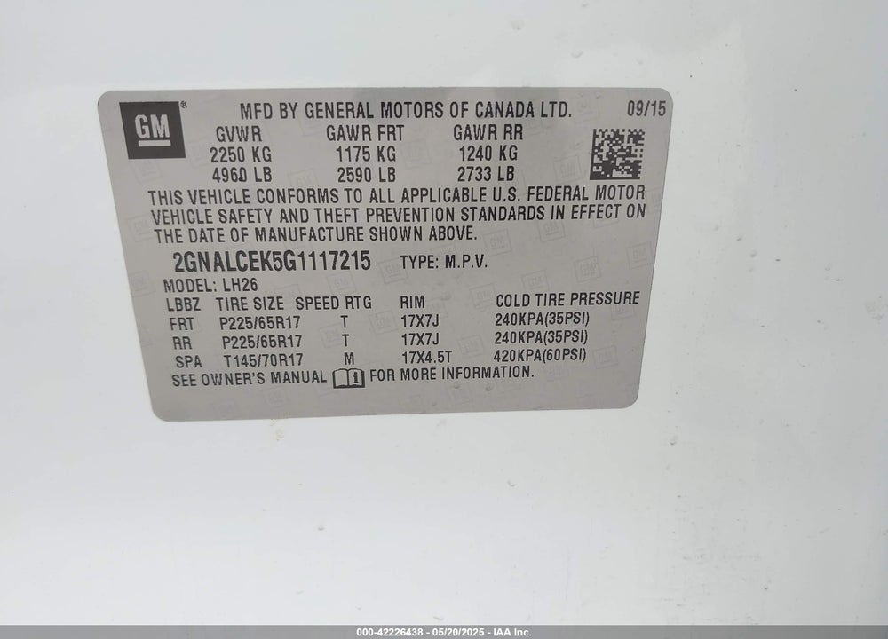 2016 CHEVROLET EQUINOX LT VIN: 2GNALCEK5G1117215