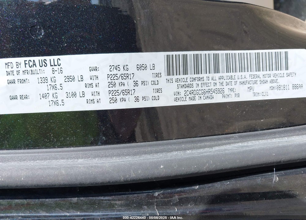 2017 DODGE GRAND CARAVAN SXT VIN: 2C4RDGCG6HR545926