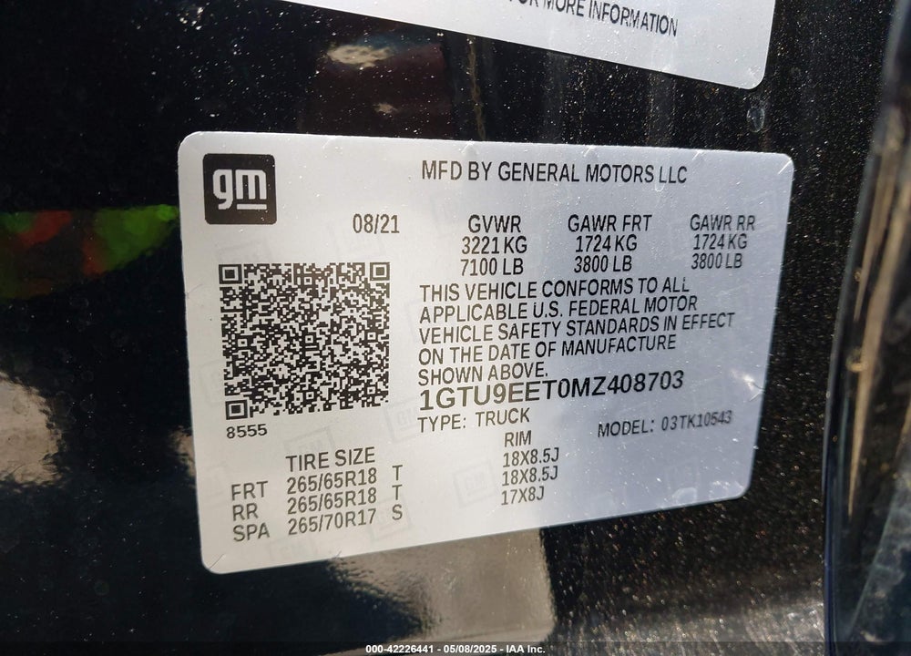 2021 GMC SIERRA 1500 VIN: 1GTU9EET0MZ408703