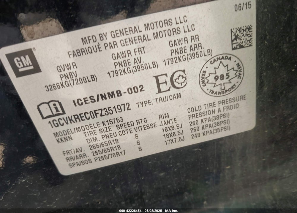 2015 CHEVROLET SILVERADO 1500 VIN: 1GCVKREC0FZ351972