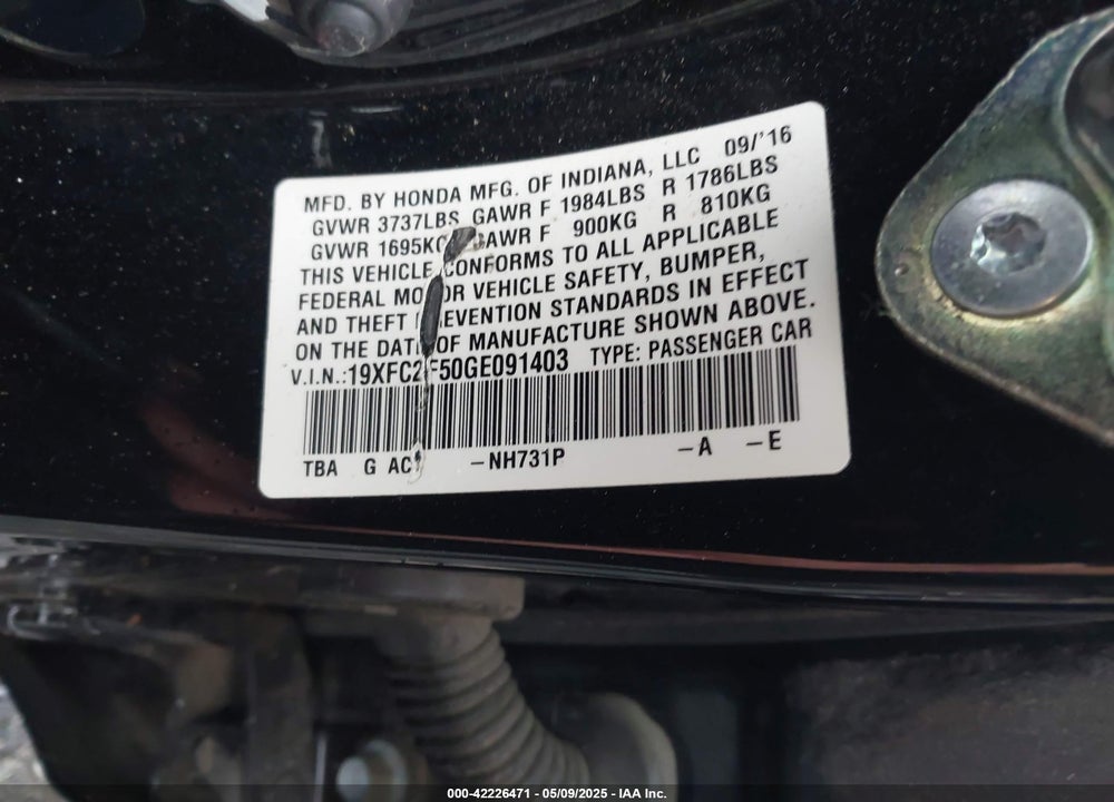 2016 HONDA CIVIC VIN: 19XFC2F50GE091403