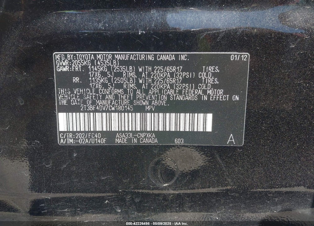 2012 TOYOTA RAV4 VIN: 2T3BF4DV7CW180145