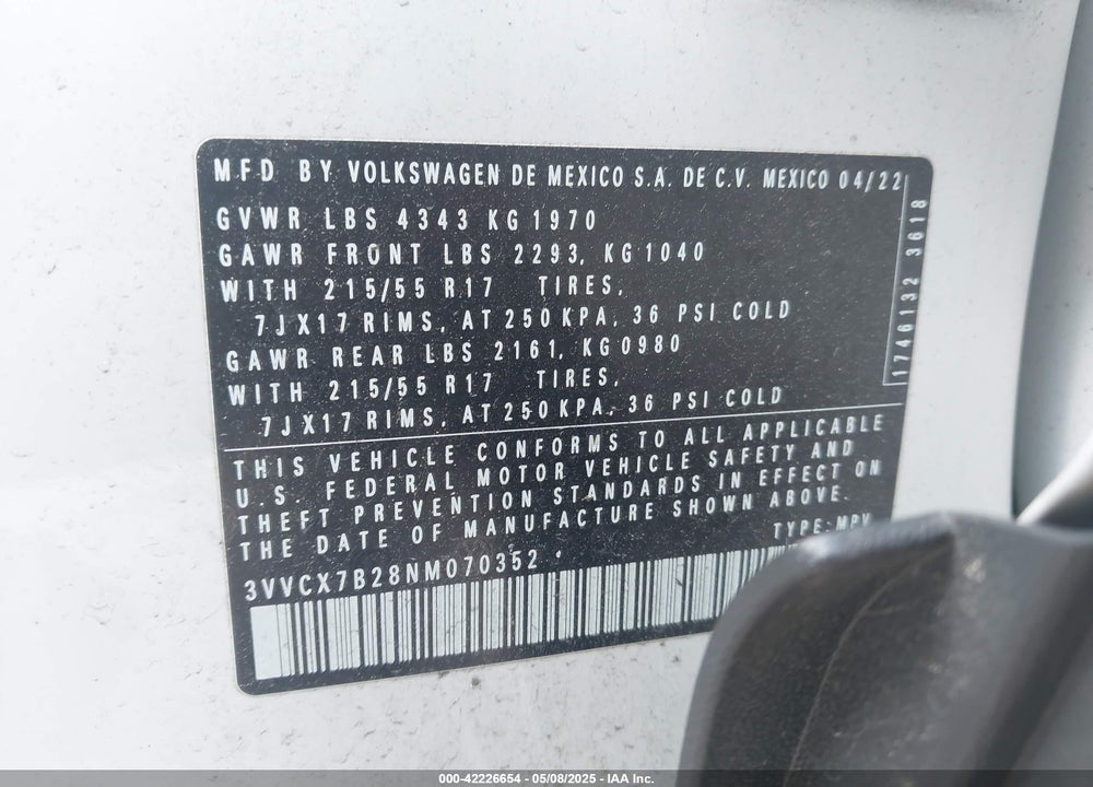 2022 VOLKSWAGEN TAOS VIN: 3VVCX7B28NM070352