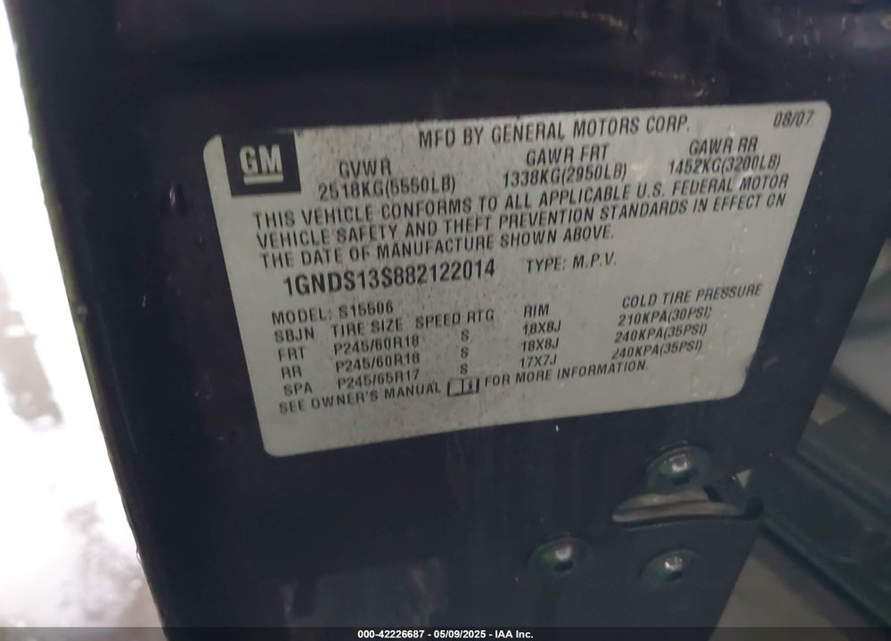 2008 CHEVROLET TRAILBLAZER LT VIN: 1GNDS13S882122014