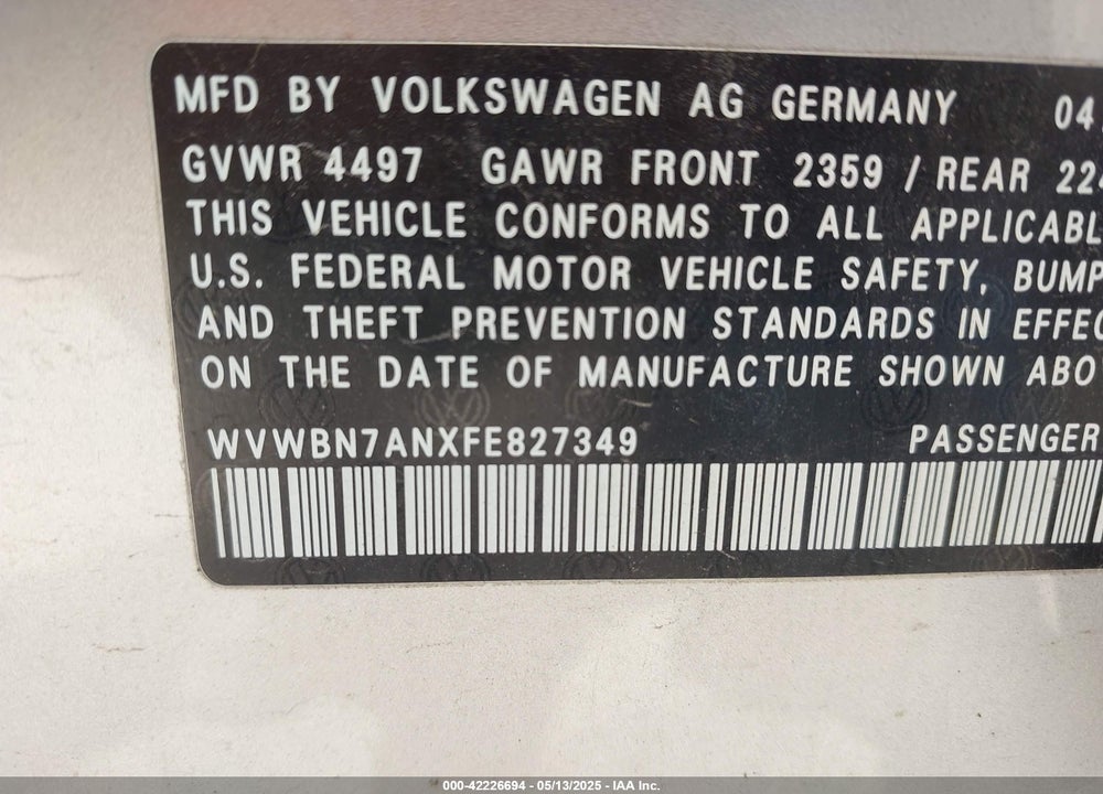 2015 VOLKSWAGEN CC VIN: WVWBN7ANXFE827349