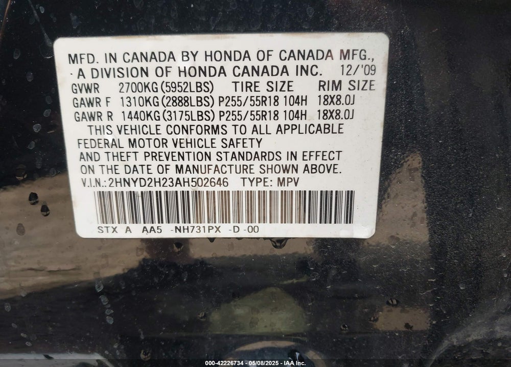 2010 ACURA MDX VIN: 2HNYD2H23AH502646