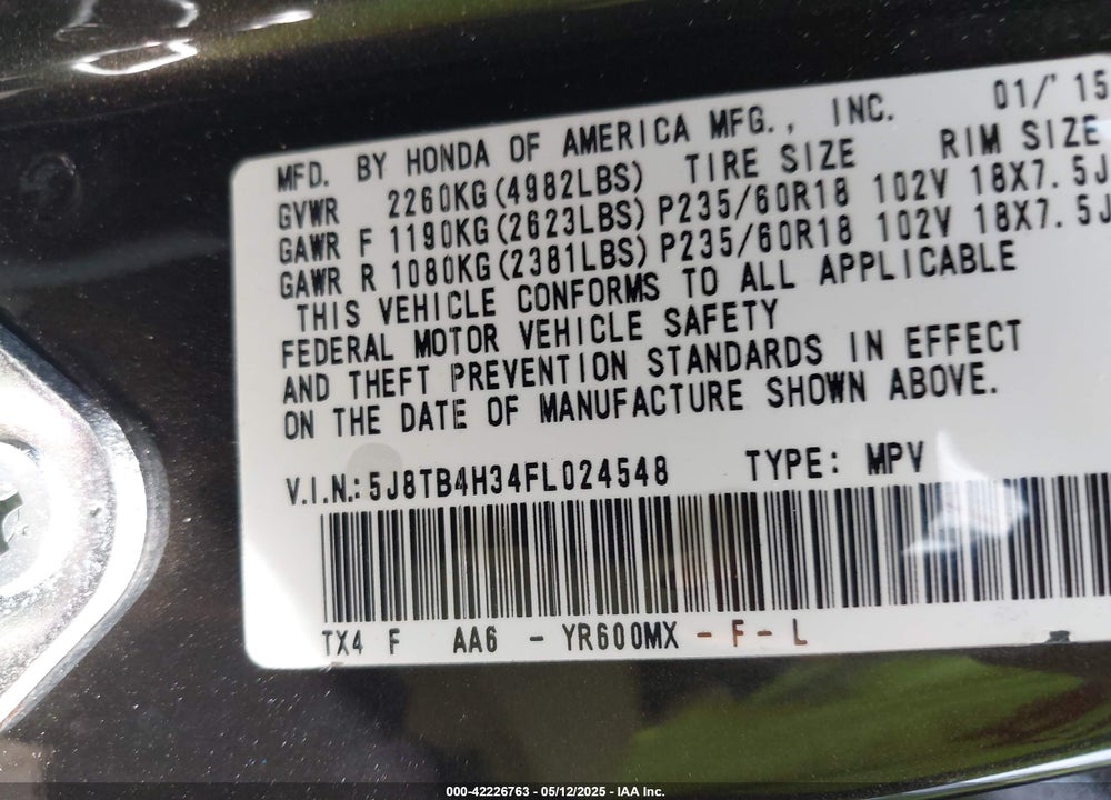 2015 ACURA RDX VIN: 5J8TB4H34FL024548