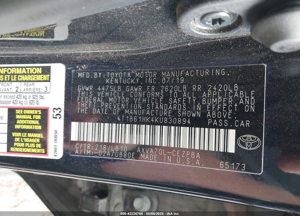 2019 TOYOTA CAMRY VIN: 4T1B61HK4KU830894