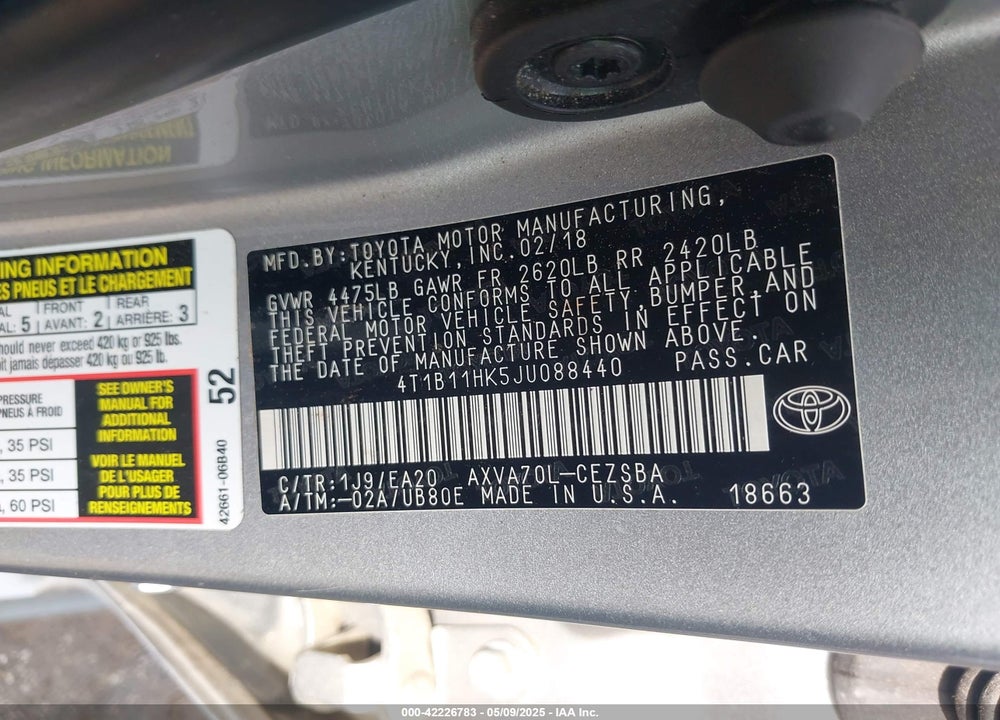 2018 TOYOTA CAMRY VIN: 4T1B11HK5JU088440