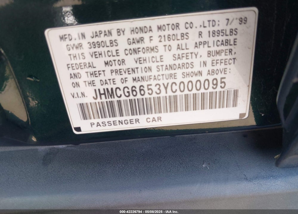 2000 HONDA ACCORD 2.3 LX VIN: JHMCG6653YC000095