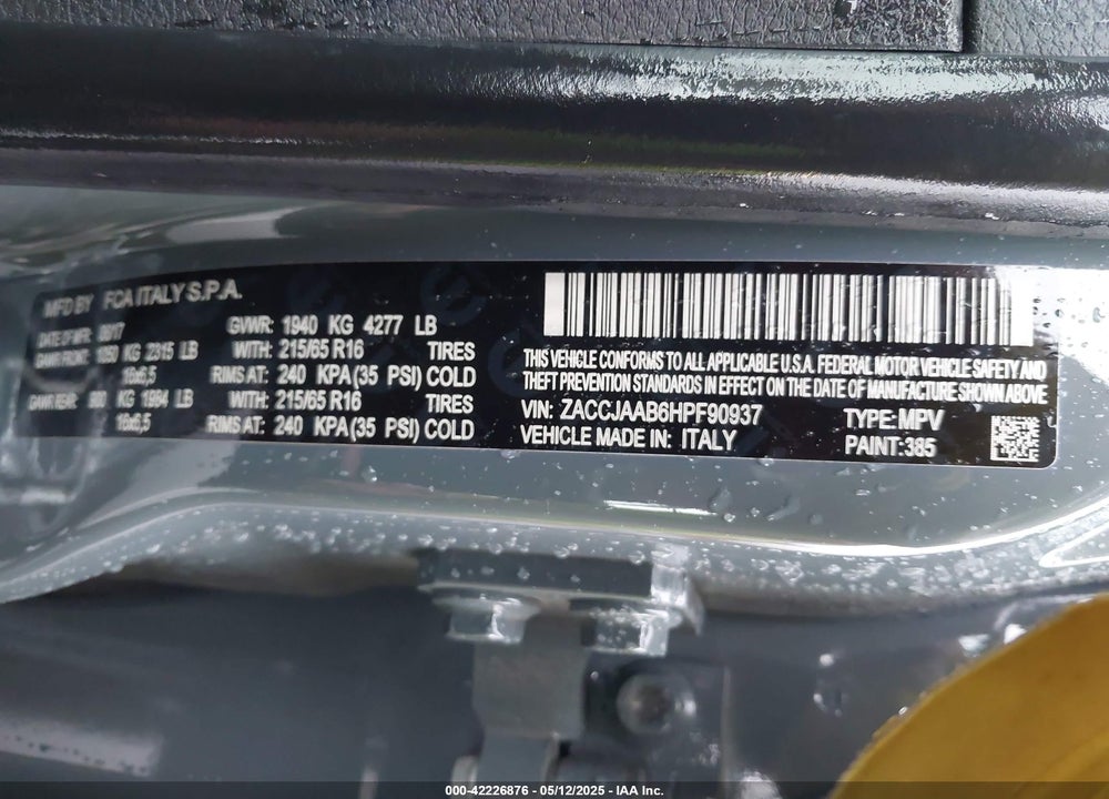 2017 JEEP RENEGADE VIN: ZACCJAAB6HPF90937