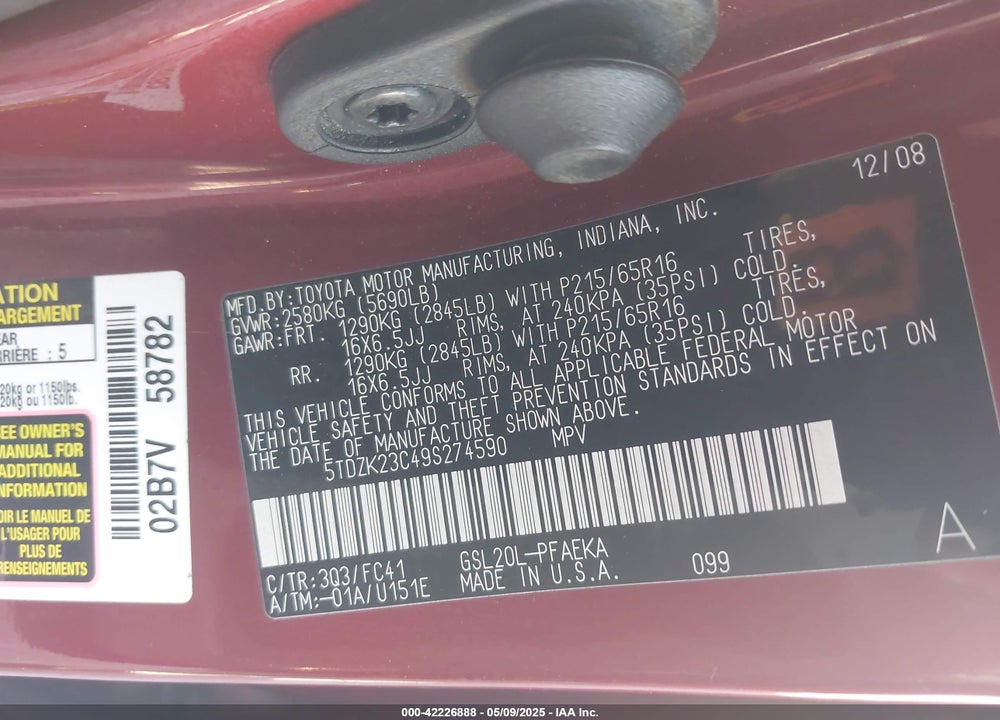 2009 TOYOTA SIENNA VIN: 5TDZK23C49S274590