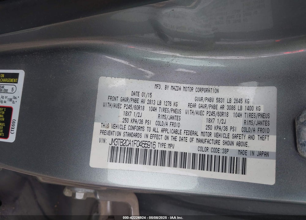 2015 MAZDA CX-9 VIN: JM3TB2CA1F0455916