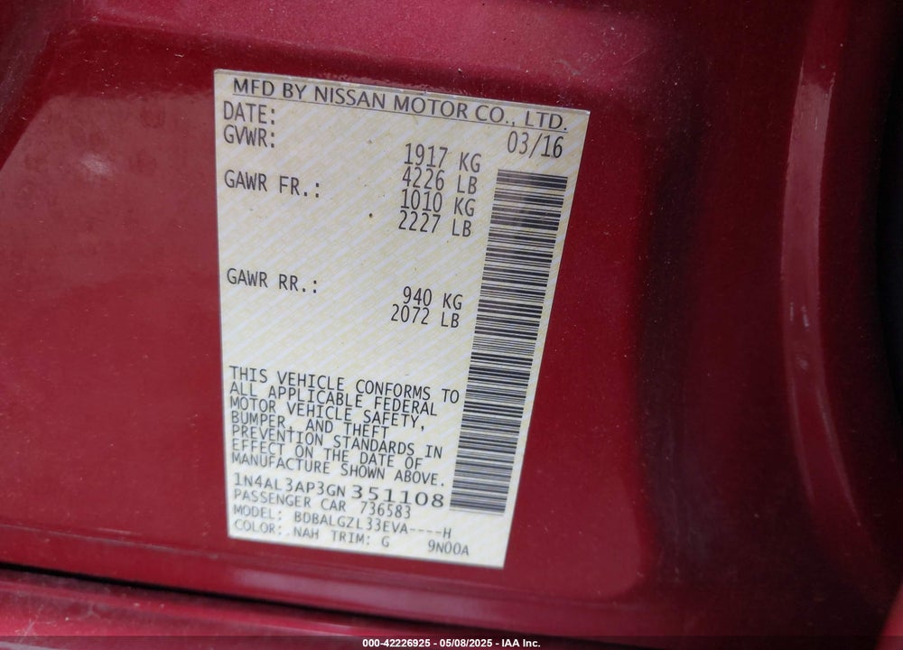 2016 NISSAN ALTIMA VIN: 1N4AL3AP3GN351108