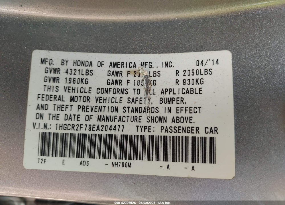 2014 HONDA ACCORD EX VIN: 1HGCR2F79EA204477