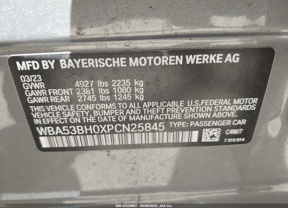 2023 BMW 530 I VIN: WBA53BH0XPCN25845